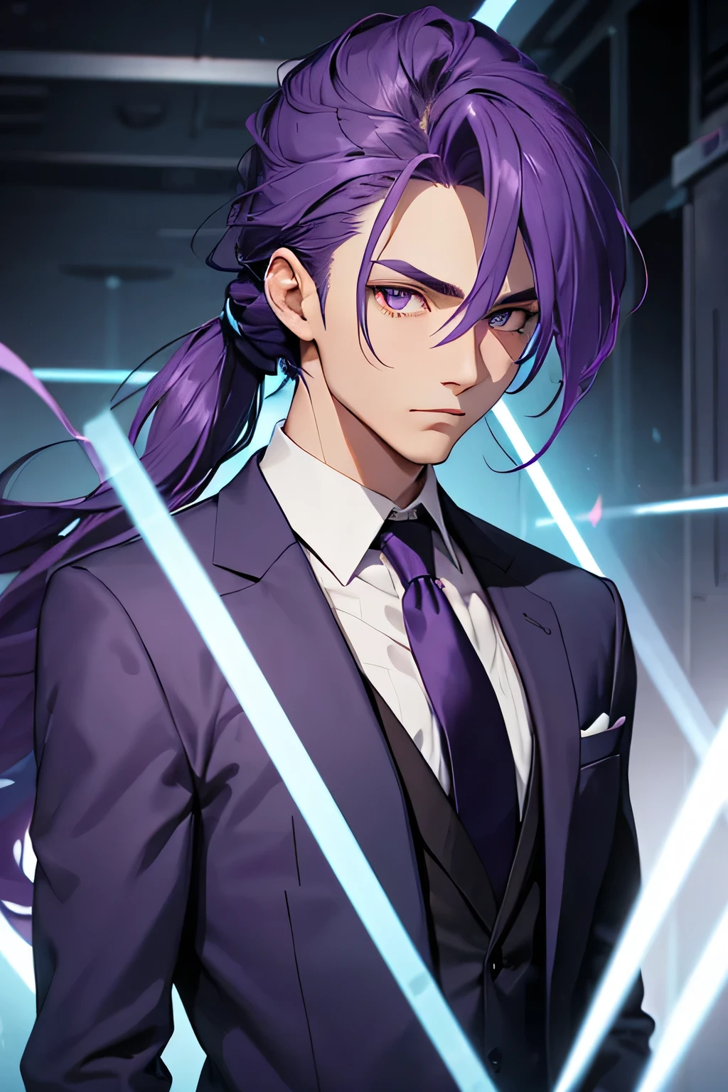 man, 21 years old, long purple hair tied like a ponytail, purple eyes. black suit with light blue tie.