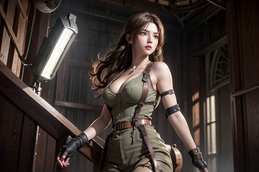 super fine illustration, ultra high resolution, masterpiece, highest quality, perfect lighting, detailed lighting, dramatic shadow, ray tracing, 1 Femail warrior, solo, cute face, Big breasts, exposed cleavage, beautiful detailed hazel eyes, sharp face, clear eyes, long bang, ((medium curly hair:1.2)), blonde hair, ((post-apocalyptic fiction)), ((desert:1.2)), ((desert battle suit)), ((military harness)), world of the Mad Max, Resident Evil Series, full body, from below,