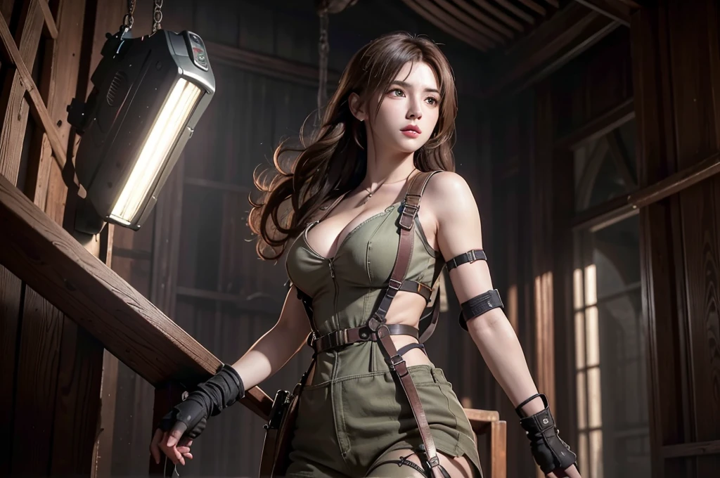 super fine illustration, ultra high resolution, masterpiece, highest quality, perfect lighting, detailed lighting, dramatic shadow, ray tracing, 1 Femail warrior, solo, cute face, Big breasts, exposed cleavage, beautiful detailed hazel eyes, sharp face, clear eyes, long bang, ((medium curly hair:1.2)), blonde hair, ((post-apocalyptic fiction)), ((desert:1.2)), ((desert battle suit)), ((military harness)), world of the Mad Max, Resident Evil Series, full body, from below,