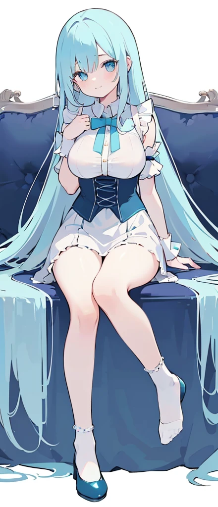 (long beautiful cyany hair) cyan eyes, (Eyes behind long bangs) big breasts, Sitting pose using accessories (using socks) perfect shiny beautiful cyan shoes (Wearing luxurious palace maid clothes Perfect perfect noble)  Pose facing sideways (Girl1, straight hair not too long, bangs covering one eye, soft face, gentle smile) long hair, beautiful cyan eyes (Sitting pose, right hand down, left hand down, leaning pose,  smile kawai, (blank white background) Wearing a blue corset, (Using a beautiful bright blue ribbon) Kawai shy cute eyes (cyan colored shoes must be shiny, Must wear short white socks) Wrists must be completely bare without a single piece of cloth covering either side Wrists must be completely bare without a single piece of cloth covering either side Wrists must be completely bare without a single piece of cloth covering either side