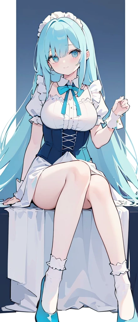 (long beautiful cyany hair) cyan eyes, (Eyes behind long bangs) big breasts, Sitting pose using accessories (using socks) perfect shiny beautiful cyan shoes (Wearing luxurious palace maid clothes Perfect perfect noble) Pose facing sideways (Girl1, straight hair not too long, bangs covering one eye, soft face, gentle smile) long hair, beautiful cyan eyes (Sitting pose, right hand down, left hand down, leaning pose, smile kawai, (blank white background) Wearing a blue corset, (Using a beautiful bright blue ribbon) Kawai shy cute eyes (cyan colored shoes must be shiny, Must wear short white socks) Wrists must be completely bare without a single piece of cloth covering either side Wrists must be completely bare without a single piece of cloth covering either side Wrists must be completely bare without a single piece of cloth covering either side