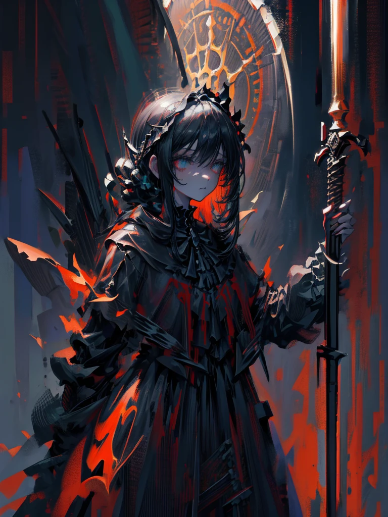 (a girl with) Aura-like gothic lighting, realistic Gothic-style artwork, detailed skeleton impaling itself with a sword in the neck, dark atmospheric background, high-res masterpiece:1.2, ultra-fine painting, professional, vivid colors
