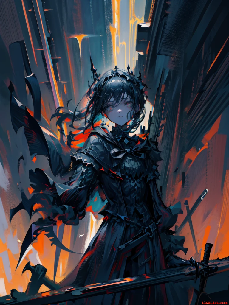 (a girl with) Aura-like gothic lighting, realistic Gothic-style artwork, detailed skeleton impaling itself with a sword in the neck, dark atmospheric background, high-res masterpiece:1.2, ultra-fine painting, professional, vivid colors