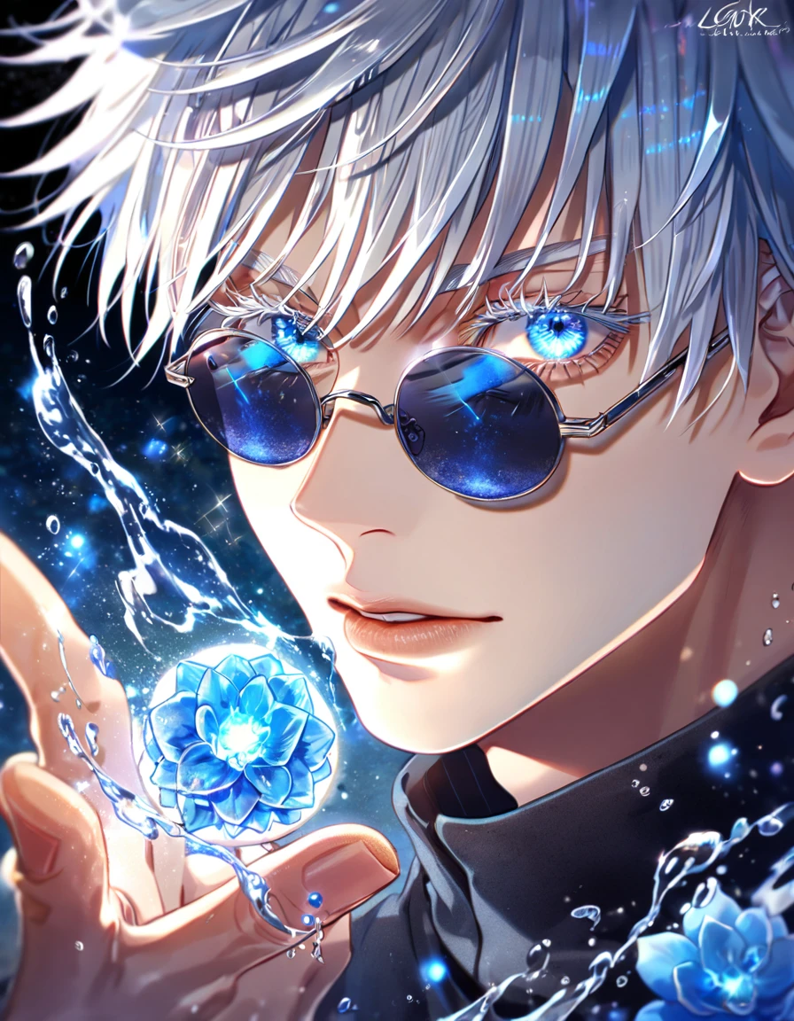 absurdres, highres, ultra detailed, HDR, master piece, best quality, extremely detailed, Gojou Satoru, white hair, expressive blue eyes, white eyelashes, round black sunglasses, Jujutsu Kaisen, solo, sexy man, handsome, black clothes, fantasy, magic, water, sparkling, blue glittering fireflies, blue moon, blue blossoms, blue flowers, blue sparkling lights, starry sky