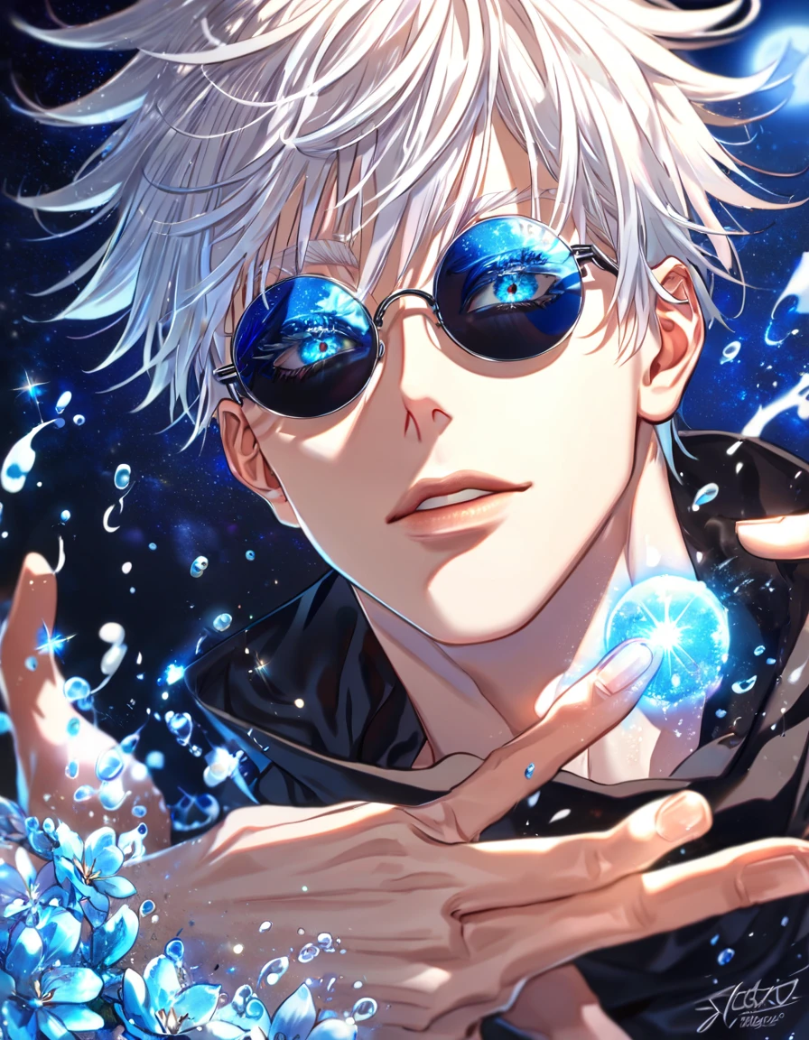 absurdres, highres, ultra detailed, HDR, master piece, best quality, extremely detailed, Gojou Satoru, white hair, expressive blue eyes, white eyelashes, round black sunglasses, Jujutsu Kaisen, solo, sexy man, handsome, black clothes, fantasy, magic, water, sparkling, blue glittering fireflies, blue moon, blue blossoms, blue flowers, blue sparkling lights, starry sky