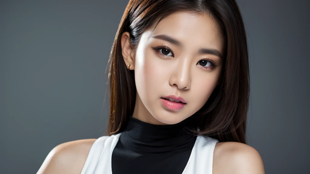 (Detailed face),vivid,White sleeveless top and turtleneck,4K,Ultra-high resolution,(Photorealistic:1.7),Black long hair,Gray background,