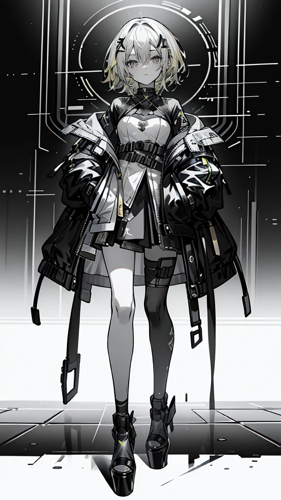 1 girl, short yellow hair, cyberpunk, Alice in Wonderland, black high heels, hand in pocket, best quality, 4k, 8k, highres, masterpiece:1.2, ultra-detailed, realistic, photorealistic, photo-realistic:1.37, HDR, UHD, studio lighting, ultra-fine painting, sharp focus, physically-based rendering, extreme detail description, professional, vivid colors, bokeh, concept art