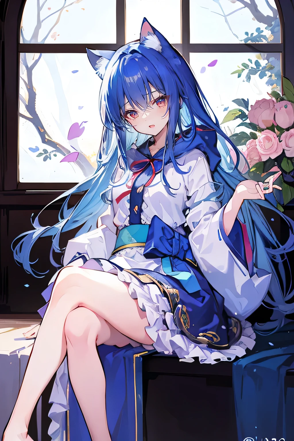 （masterpiece：1.2），Super detailed，lifelike，Expressive eyes，fair skin，perfect face shape，1 girl，
Japanese comics,Gorgeous blue hair,flowing blue hair,flowing clothes,Cat ears,Petals fall,beautiful lola,Baby Angel,
Shaking head with one hand，Cross your legs，Gentle and peaceful background，The pavilion is cool and comfortable,smile, wearing hoodie, In front of the window,snowing