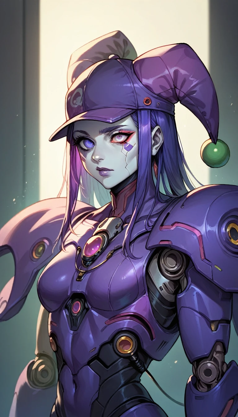 Sci fi,1 humanoid mecha,black-purple trims,purple led trim,robot joints,single eyes,cyberpunk,in tricate,wire,cybeepunk,hiquality,detailed,masterpiece,cinematic lighting,jester cap,metal cap