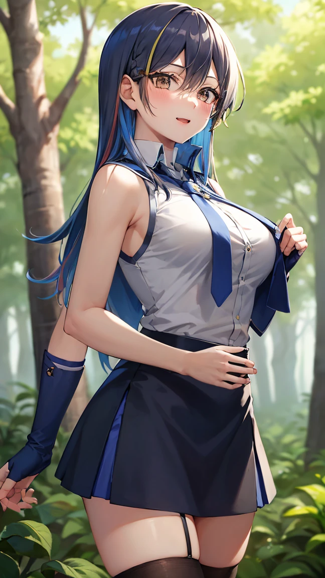 masterpiece, best quality, highres, 1girl, solo, hy1, hair ornament, multicolored hair, necktie, skirt, sleeveless, , black thighhighs, jewelry, ta1, white jacket, sleeveless, blue skirt, fingerless gloves, large breasts, happy, cowboy shot, outdoors, forest