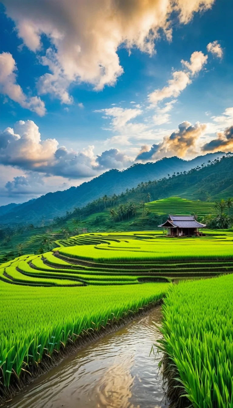 Close-up view upon A beautiful paddy field view , morning time , beautiful clouds, beautiful sky , hills in distance , Asia wooden house , 