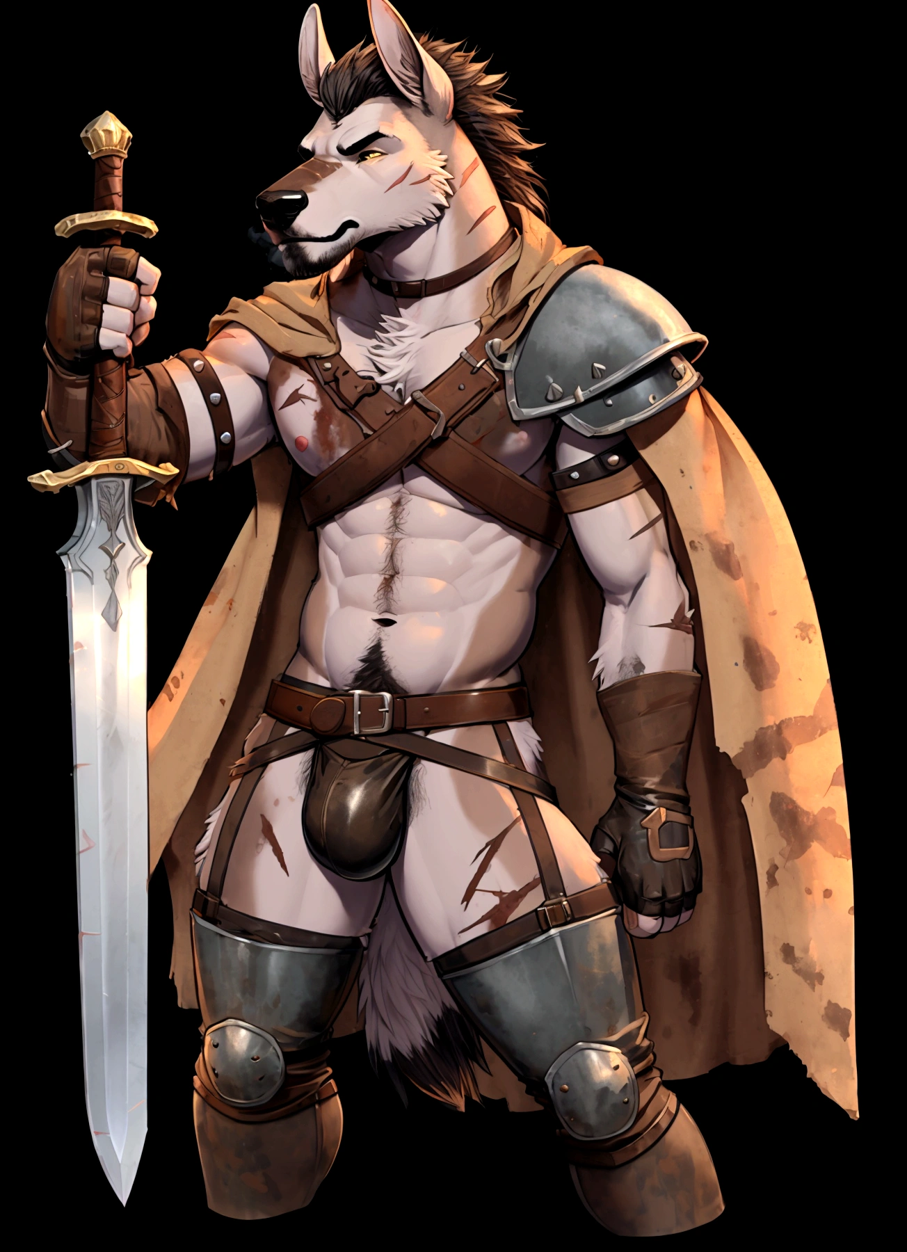 Solo Sexy young anthro furry donkey hyena hyena male mercenary medieval solider, tall slim sexy slim muscular, anthro handsome gay shorter muzzle, handsome gay model male apperance, sword scars, worn out leather skimpy armament, low on hips heavy leather belt, old very worn out skimpy dirty linen material jockstrap, old yellow dirty worn out stains on white sawn jockstrap, very visible "x" brown seam pattern on the jockstrap, studded skimpy armlets breastplate armor, skimpy breastplate, leather bondages, fingerless leather gloves, smelly unwashed furr, dirty body look, desert battlefield, standing in sexy fighting position, close view of full character