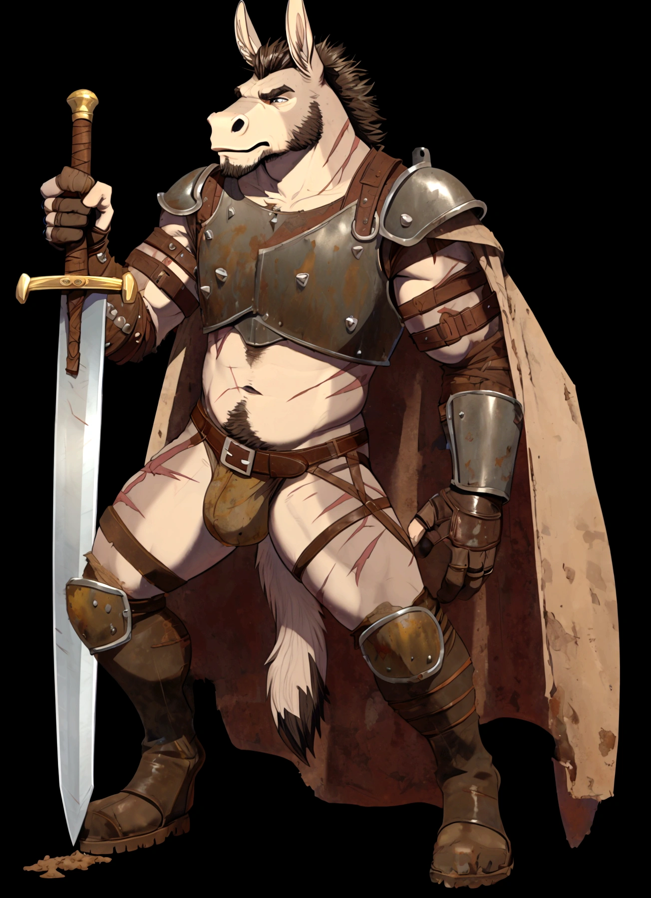 Solo Sexy young anthro furry donkey hyena hyena male mercenary medieval solider, tall slim sexy slim muscular, anthro handsome gay shorter muzzle, handsome gay model male apperance, sword scars, worn out leather skimpy armament, low on hips heavy leather belt, old very worn out skimpy dirty linen material jockstrap, old yellow dirty worn out stains on white sawn jockstrap, very visible "x" brown seam pattern on the jockstrap, studded skimpy armlets breastplate armor, skimpy breastplate, leather bondages, fingerless leather gloves, smelly unwashed furr, dirty body look, desert battlefield, standing in sexy fighting position, close view of full character