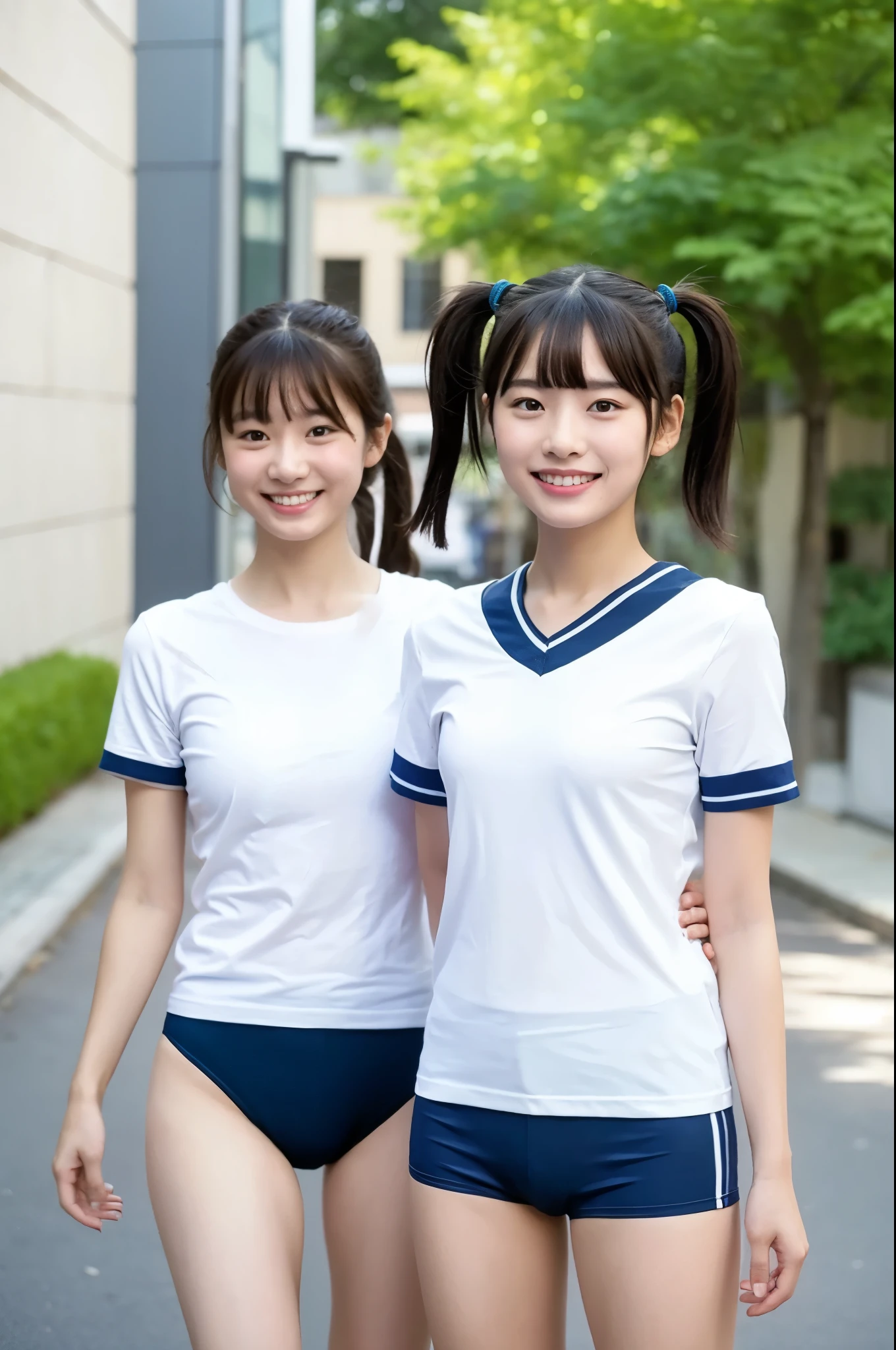 2 girls standing in Japanese city,white plain t-shirt with blue trim,navy blue speedo swimming briefs,18-year-old,bangs,a little smile,large bare thighs,knees,legs apart,short hair with low pigtails,from before,front light