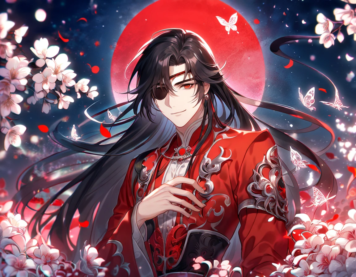 absurdres, highres, ultra detailed, HDR, master piece, Hua Cheng, black long hair, expressive red eye, black eye patch on his let eye, Heaven Official's Blessing, sexy man, handsome, best quality, red moon, flowers, fantasy, magical, solo, red water, red shining fireflies, red petals, red clothes, handsome smile, silver small butterflies, red dust