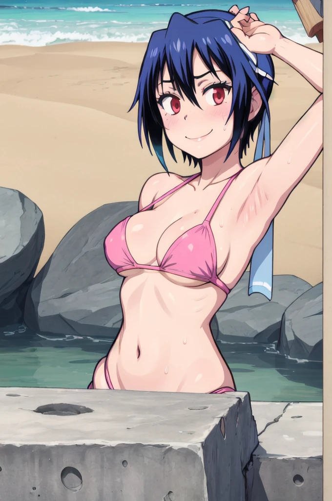 masterpiece, best quality, Seishirou Tsugumi, looking at viewer, Blue hair, red eyes color, large breasts, upper body, portrait, seductive smile, armpits, armpits visible, sweaty armpits, wearing pink bikini, background on beach