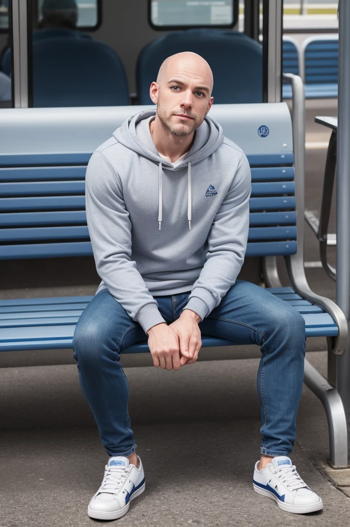 fair-skinned male, blue colored eyes, beardless and bald. He is wearing a light gray sweatshirt, jeans and navy blue all star sneakers. He is sitting on a bench at the bus station.