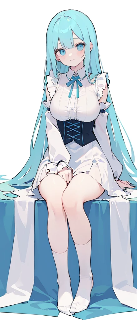 (long beautiful cyany hair) cyan eyes, (Eyes behind long bangs) big breasts, Sitting pose using accessories (using socks) perfect shiny beautiful cyan shoes (Wearing luxurious palace maid clothes Perfect perfect noble) Pose facing sideways (Girl1, straight hair not too long, bangs covering one eye, soft face, gentle smile) long hair, beautiful cyan eyes (Sitting pose, right hand down, left hand down, leaning pose, smile kawai, (blank white background) Wearing a blue corset, (Using a beautiful bright blue ribbon) Kawai shy cute eyes (cyan colored shoes must be shiny, Must wear short white socks) Wrists must be completely bare without a single piece of cloth covering either side Wrists must be completely bare without a single piece of cloth covering either side Wrists must be completely bare without a single piece of cloth covering either side