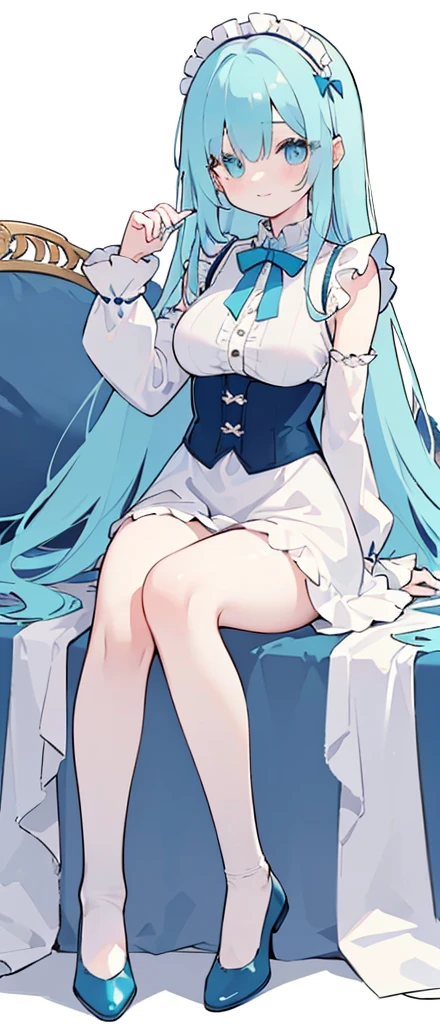 (long beautiful cyany hair) cyan eyes, (Eyes behind long bangs) big breasts, Sitting pose using accessories (using socks) perfect shiny beautiful cyan shoes (Wearing luxurious palace maid clothes Perfect perfect noble) Pose facing sideways (Girl1, straight hair not too long, bangs covering one eye, soft face, gentle smile) long hair, beautiful cyan eyes (Sitting pose, right hand down, left hand down, leaning pose, smile kawai, (blank white background) Wearing a blue corset, (Using a beautiful bright blue ribbon) Kawai shy cute eyes (cyan colored shoes must be shiny, Must wear short white socks) Wrists must be completely bare without a single piece of cloth covering either side Wrists must be completely bare without a single piece of cloth covering either side Wrists must be completely bare without a single piece of cloth covering either side