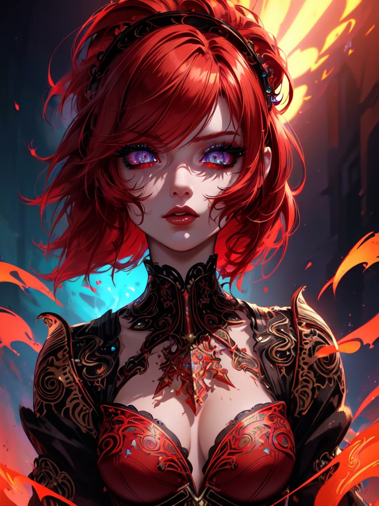 Red hair color,(masterpiece, best quality),(1 lady),(solo),(artstation),(dynamic),(charming),(magical),(unreal engine),(fantastically beautiful),(illustration),(dramatic lighting),(rave background),(neon glow),(maximalist),(extremely detailed eyes and face),(long eyelashes),(intricate details),(vibrant colors),(cinematic lighting),(fantasy portrait)