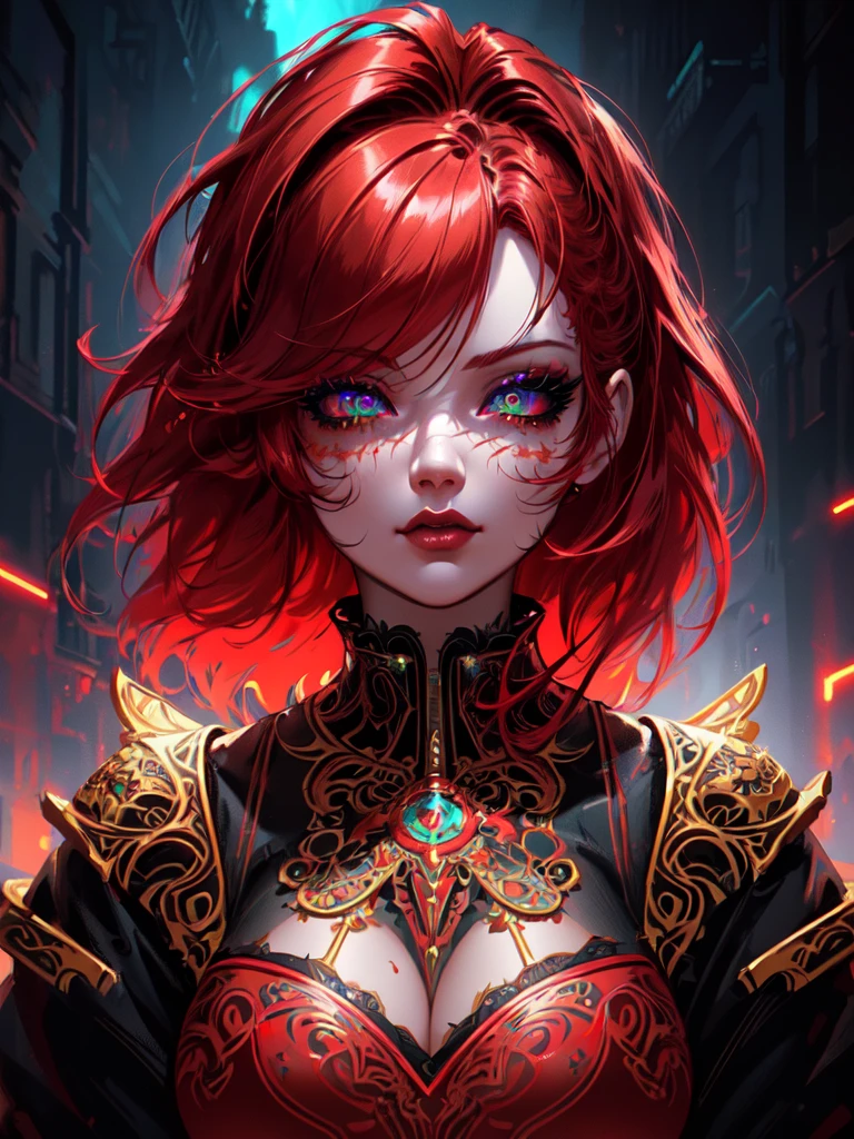 Red hair color,(masterpiece, best quality),(1 lady),(solo),(artstation),(dynamic),(charming),(magical),(unreal engine),(fantastically beautiful),(illustration),(dramatic lighting),(rave background),(neon glow),(maximalist),(extremely detailed eyes and face),(long eyelashes),(intricate details),(vibrant colors),(cinematic lighting),(fantasy portrait)
