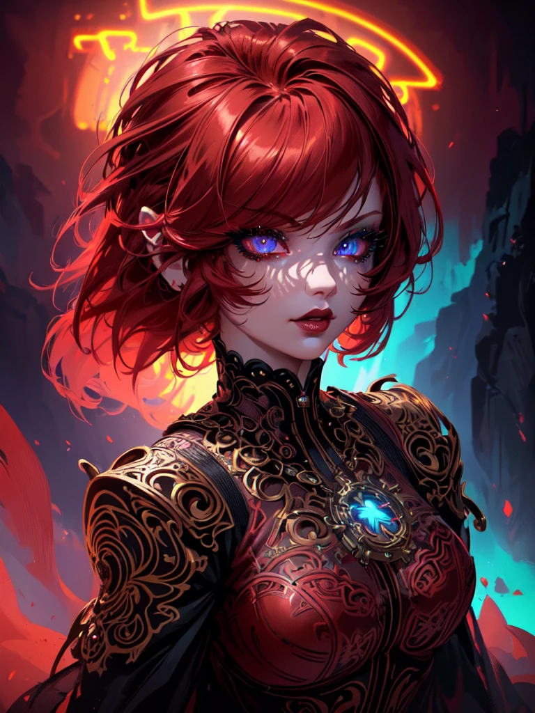 Red hair color,(masterpiece, best quality),(1 lady),(solo),(artstation),(dynamic),(charming),(magical),(unreal engine),(fantastically beautiful),(illustration),(dramatic lighting),(rave background),(neon glow),(maximalist),(extremely detailed eyes and face),(long eyelashes),(intricate details),(vibrant colors),(cinematic lighting),(fantasy portrait)