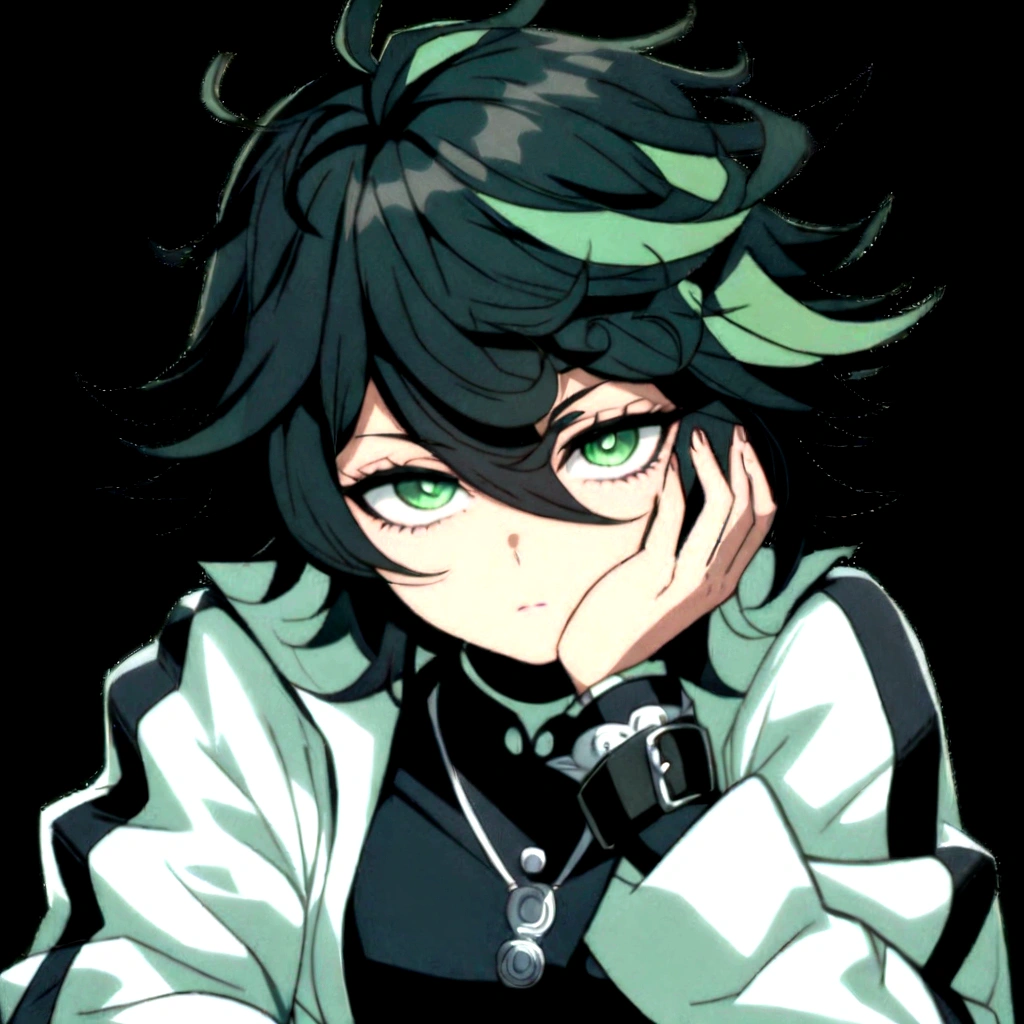 a close-up of a person with green eyes and a white jacket, inspired by Okumura Masanobu, tatsumaki with green curly hair, tatsumaki, handsome guy in demon slayer art, demon slayer rui fanart, Anime main art, anime moe art style, high quality anime art style, trigger anime art style, with huge luminous sad eyes