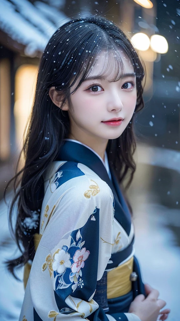 (Kimono)、(top-quality,​masterpiece:1.3,超A high resolution,),(ultra-detailliert,Caustics),(Photorealsitic:1.4,RAW shooting,)Ultra-realistic capture,A highly detailed,high-definition16Kfor human skin、 Skin texture is natural、、The skin looks healthy with an even tone、 Use natural light and color,One Woman,japanes,,kawaii,A dark-haired,Middle hair,(depth of fields、chromatic abberation、、Wide range of lighting、Natural Shading、A detailed eye)、、(Exterior light at night:1.4)、(Falling snow:1.2)、(Hair swaying in the wind:1)、(Light reflecting snow:1.3)