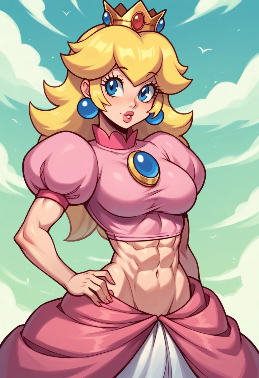 score_9, score_8_up, score_7_up, BREAK, 1girl, solo, princess peach, bare midriff and rock hard abs