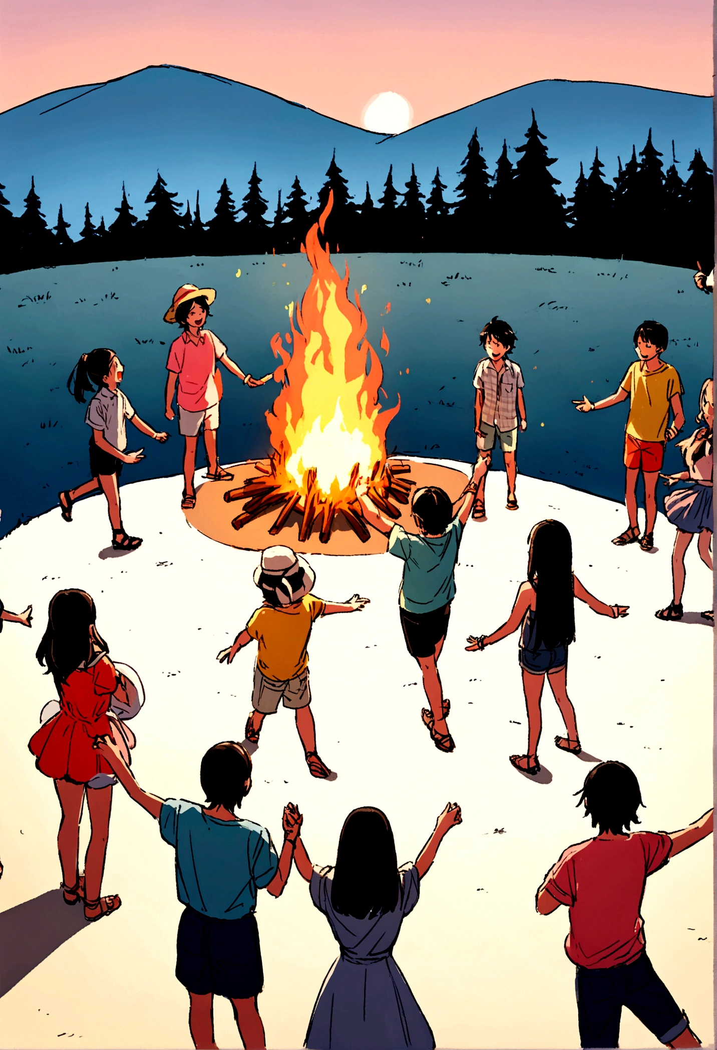 Let's dance in a circle, young people, bonfires, summer vacations, great picture quality