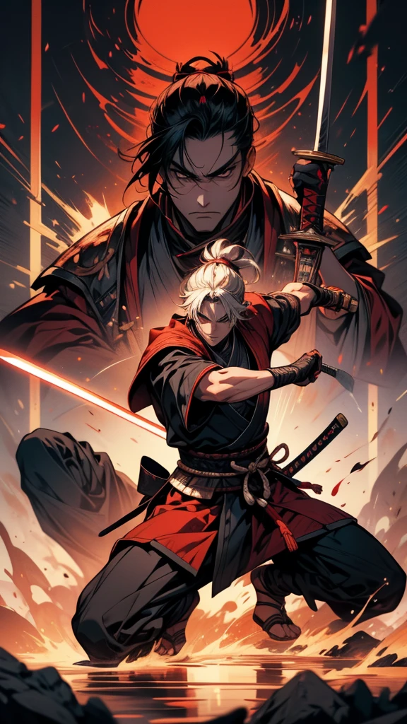 Arafed image of a man holding a sword in the air, warrior warrior, warrior, Works inspired by Kano Hogai, epic warrior warrrior, warrior style, inspired by Kanō Sanraku, japanese warrior, Japanese Warrior, Ronin, miyamoto musashi, Rurouni Kenshin, Swordsman