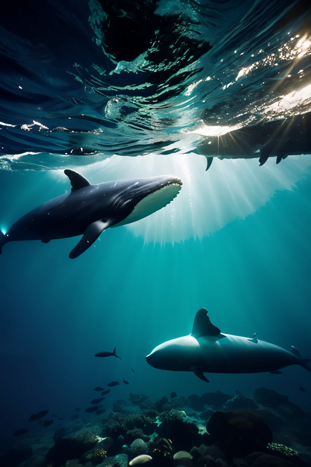 a huge quality WHALE, at the bottom of the sea with several fish of different colors swimming PLASMA GLOWS coming out of the huge whale with quality and texture, whale and fish just from inside the sea, fully detailed whale, fully detailed sea, GLOW, QUALITY AND TETURE, whale being seen from INSIDE THE SEA, THE SEA MUST BE LIT BY THE MOON AT NIGHT