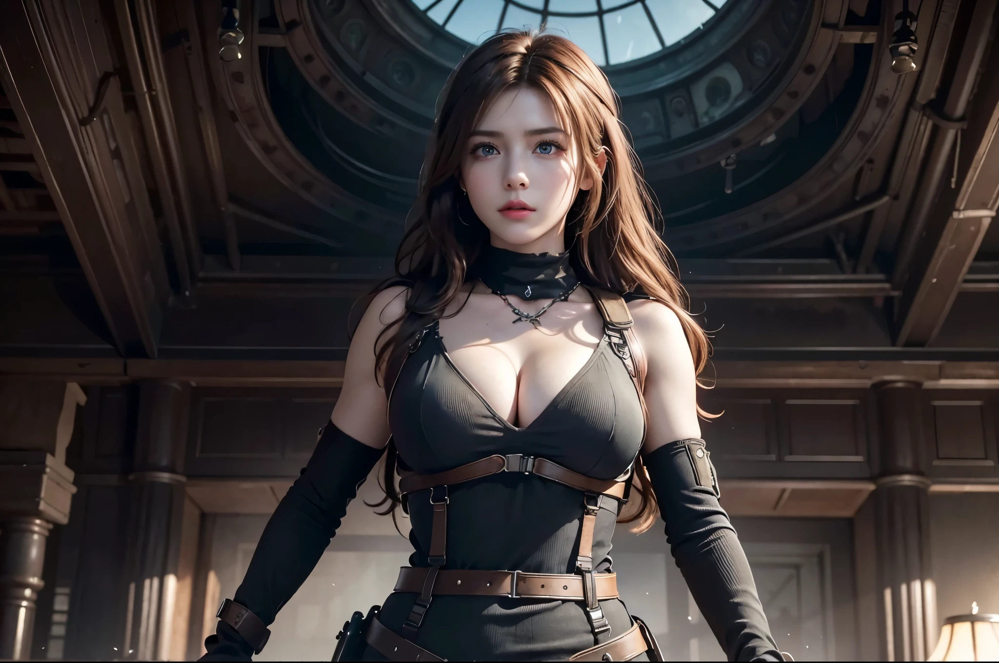 super fine illustration, ultra high resolution, masterpiece, highest quality, perfect lighting, detailed lighting, dramatic shadow, ray tracing, 1 Femail warrior, solo, cute face, Big breasts, exposed cleavage, beautiful detailed hazel eyes, sharp face, clear eyes, long bang, ((medium curly hair:1.2)), blonde hair, ((post-apocalyptic fiction)), ((desert:1.2)), ((desert battle suit)), ((military harness)), world of the Mad Max, Resident Evil Series, full body, from below,