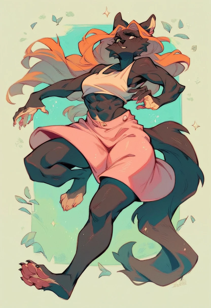The furry is an anthropomorphic deer-wolf hybrid with white antlers and vivid purple eyes. She has predominantly black fur with golden highlights and streaks, particularly around her head and shoulders, and white fur on her underside and paws. Her golden claws and the distinct golden markings under her eyes and on her legs add to her mystical appearance. The character exudes an ethereal and regal aura, set against a backdrop of classical columns.