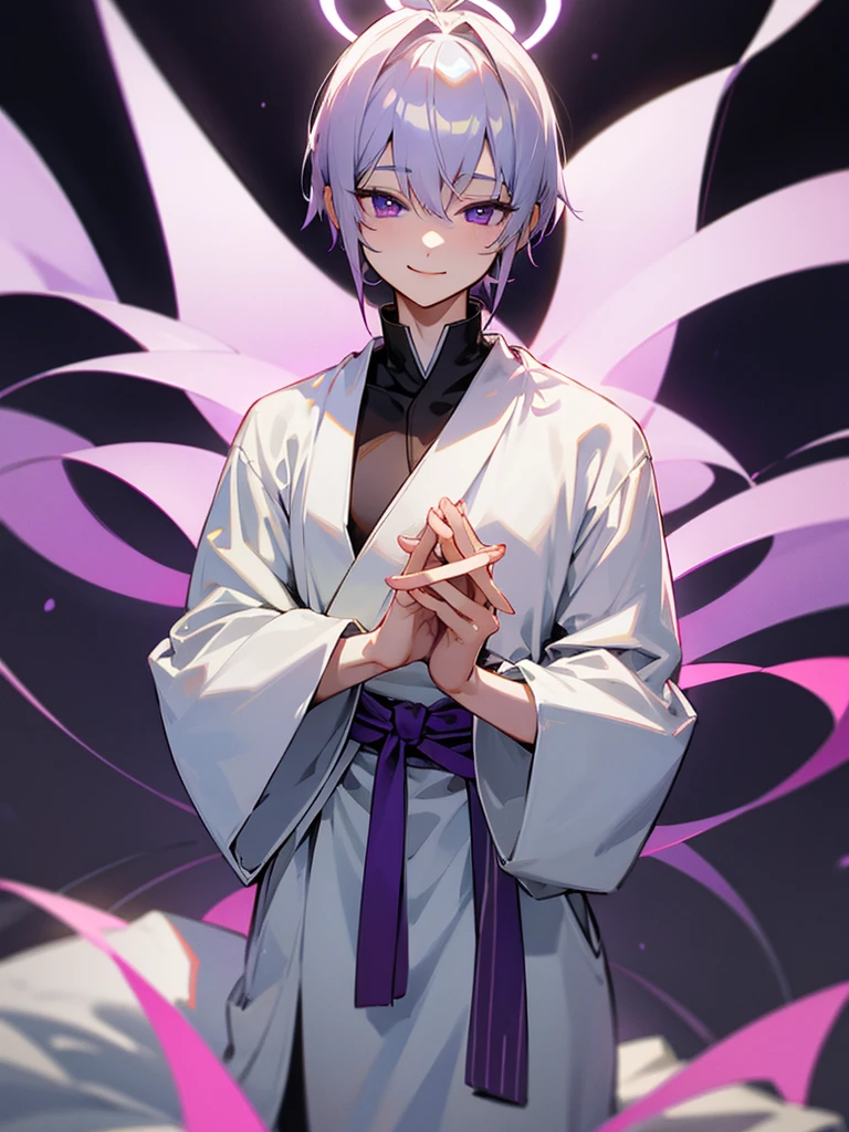 smiling purple eyes zazen silver short hair hands together androgynous white tunic halo buddha sexy