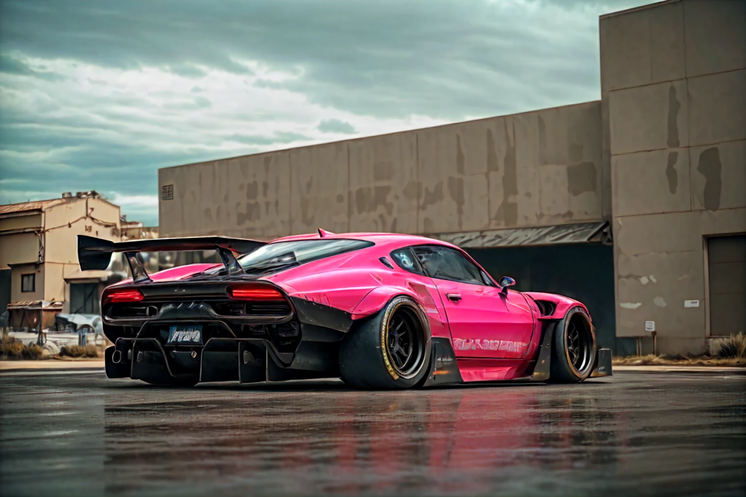 Supercar-forza game ready design, wide body, custom design build, cinematic, wide angle, studio light, tactical bodywork for supreme aerodynamics, (dirt neon grungy pink), broody and atmospheric, ominous sky, low light, vivid and gritty, retro futuristic sci-fi influences 