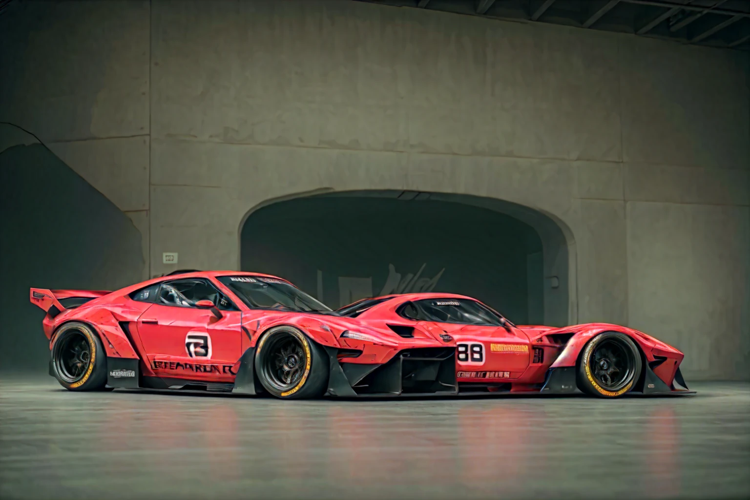 Supercar-forza game ready design, wide body, custom design build, cinematic, wide angle, studio light, tactical bodywork for supreme aerodynamics, (dirt neon grungy pink), broody and atmospheric, ominous sky, low light, vivid and gritty, retro futuristic sci-fi influences 