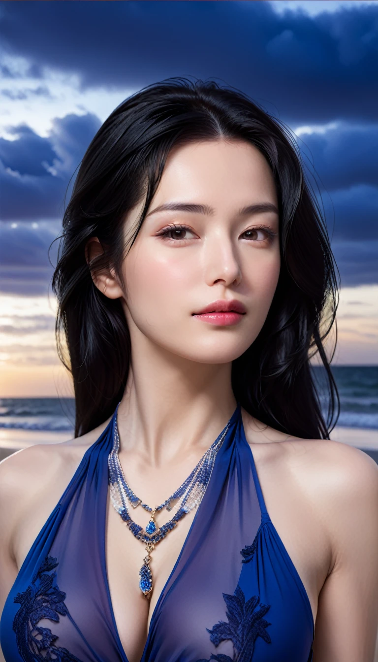 ((Masterpieces with up to 16K resolution:1.6)),Highest quality,it is really amazing,Very detailed,Ultra-high resolution,(Real:1.5),(Realistic:1.5),Increased depth of field,Cinematic Light,
Elegant mature woman,
Long black hair,(Exquisitely detailed face:1.5),Face with a gentle expression,Translucent white skin,Very sensitive skin,Great proportions,Anatomically correct body,
Elegant high leg swimsuit,Artistic design,Beautiful and detailed pattern,Detailed fabric texture,Gorgeous necklace,
Coastal landscape at dusk,Dark clouds and dark sky,delay々Continuing sandy beach, Deserted Beach,Dark sea surface,
(Cinematic Angle:1.5),