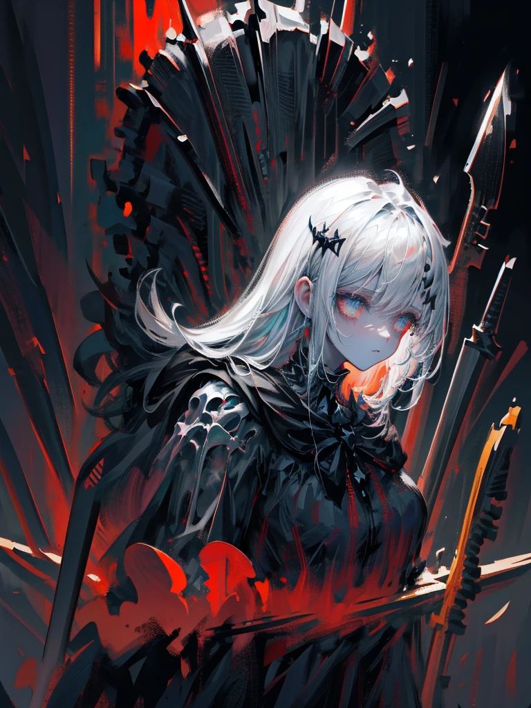 (a girl with) Aura-like gothic lighting, realistic Gothic-style artwork, detailed skeleton impaling itself with a sword in the neck, dark atmospheric background, high-res masterpiece:1.2, ultra-fine painting, professional, vivid colors