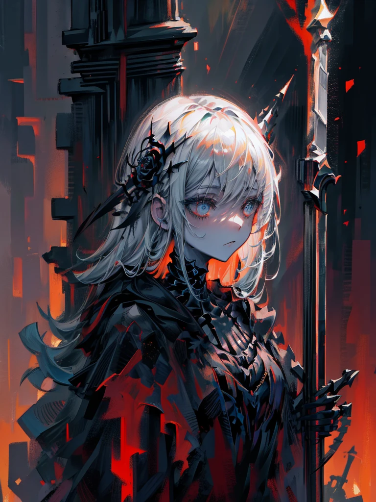 (a girl with) Aura-like gothic lighting, realistic Gothic-style artwork, detailed skeleton impaling itself with a sword in the neck, dark atmospheric background, high-res masterpiece:1.2, ultra-fine painting, professional, vivid colors