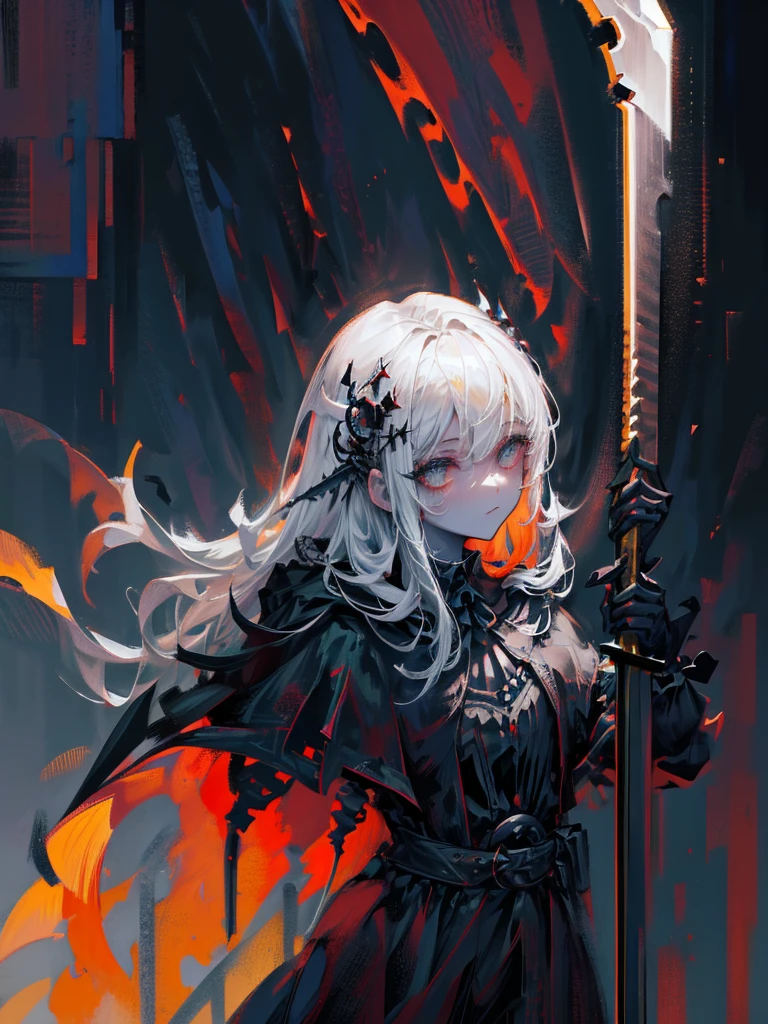 Woman with white hair and bright red eyes tied by fire chain, Background full of chains and cages, 全HD, 4K, 8k, 16k, high resolution, HD, super detailed, Surreal