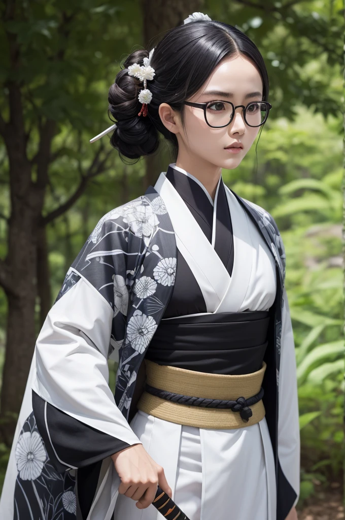 Corpo kimetsu,wear glasses,dark-skinned,gray and white kimono,Cao Cao, cabelo longo e branco, Nature's Breath,katana verde