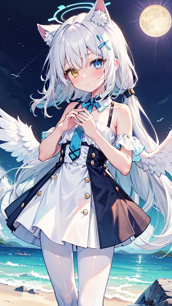 White hair，Long hair，Cat ear，Heterochromia blue-yellow，female face，There are bright spots in the eyes，Female hands，White little hands，Normal fingers，flat chest，Solitary，blue halo，On an island in the sky，Day and night mix，Angel Wings，White pantyhose，moon