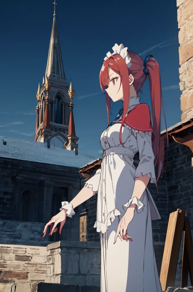 [(cathedral background:1.4)::5],original,(illustration:1.1),(best quality),(masterpiece:1.1),(extremely detailed CG unity 8k wallpaper:1.1), (colorful:0.9),(mid shot:0.95),(full body:1.5),Dynamic angle,(solo:1.2), (girl),((adult)), (detailed beautiful eyes:1.15), (beautiful face:1.15), (glowing red eyes:1.25////),((medium hair)),((split-color hair,red hair,blue hair)),(high twintails),(chignon),(+perfect hand+:1.21),(Draw an illustration of a gothic girl),(Religious),(slender),(is wearing boots on her feet),((is wearing white maid clothes)),(furious), Lace Off-shoulder ta fashion,beautiful slender woman,high twintails,((split-color hair,red hair,blue hair)),((split-color hair,red hair,blue hair)),from side,((split-color hair,red hair,blue hair)),
