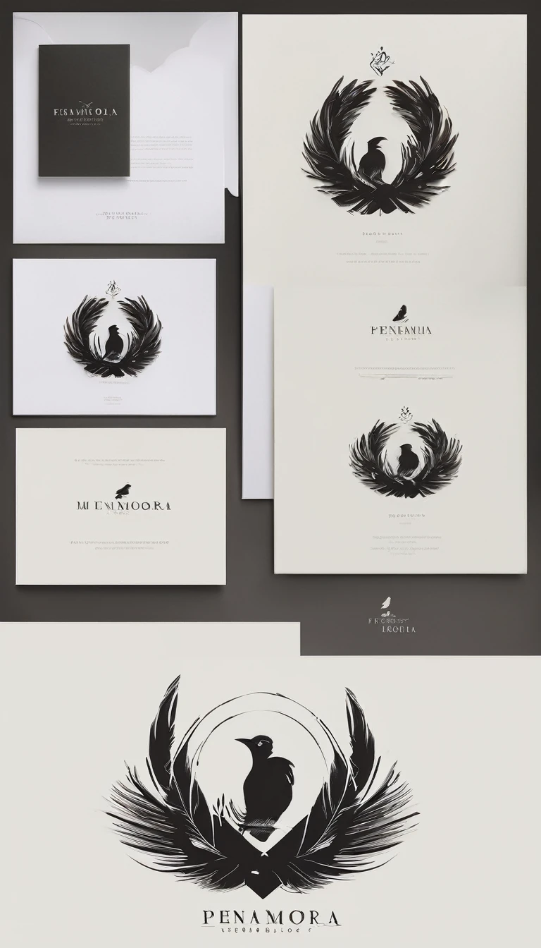 A minimal, modern, simple, cinematic logo design for the brand “Penamemoria". Create a modern, minimalistic, high-quality, logo of a boy inside a nest made of feathers. The logo must be a symbol for dreams, stories, memories, music and imagination.