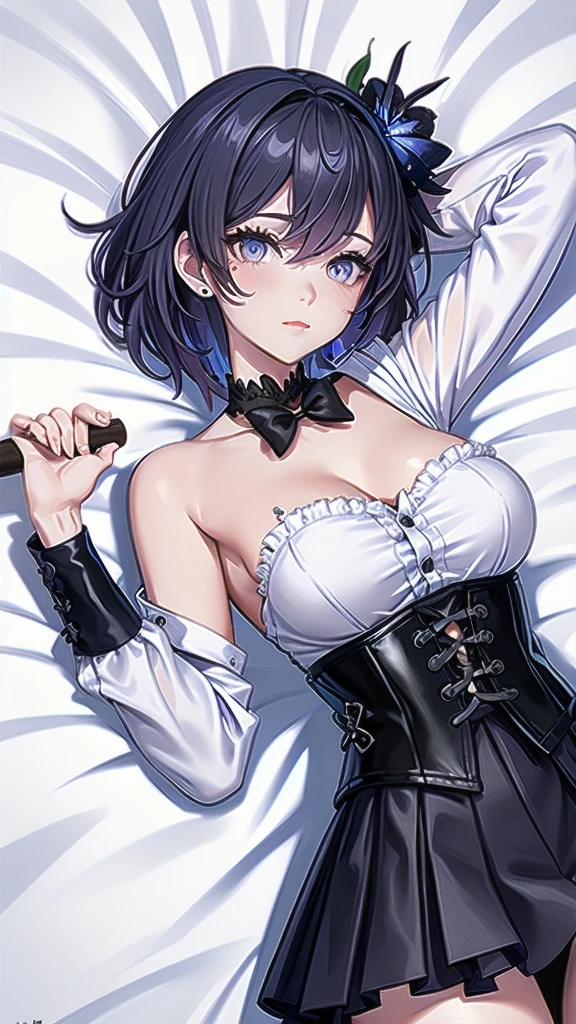 Masterpiece, Beautiful art, professional artist, 8k, Very detailed face, Detailed clothing, detailed fabric, 1 girl, Soul Fullness \(Honkai Impact 3rd\), View from above, lying on the ground, BIG BREASTS, perfectly drawn body, sleeping expression, pale skin, beautiful face, short dark blue hair, Closed eyes, pink cheeks, choker:1.6, (white long sleeve button down shirt with white collar), black gloves, gloves that cover hands, (black leather corset), (shiny black tight mini skirt), Sensual Lips , winter night, looking at the viewer, dark forest, Atmosphere, fog, At night