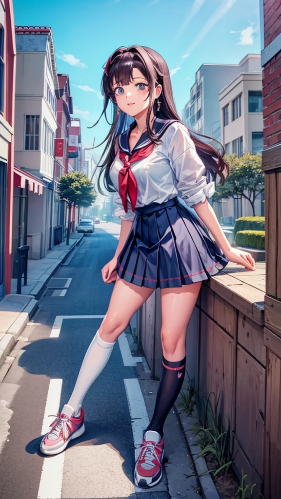 Knot Unreal Engine Anime Style Delicate painting 4K 90's giant Multiple Girls crowd School building City School buildingの谷間に立っている巨大な女子高生 school uniform Sailor suit skirt Black Hair smile female giant giant girl Whole body Destroyed skyscrapers Destroyed cars Crowd Unreal Engine,cleavage ,a drawing of a , earrings, long hair, 1980s (style) Cute picture Beauty Analog style whole body sneakers