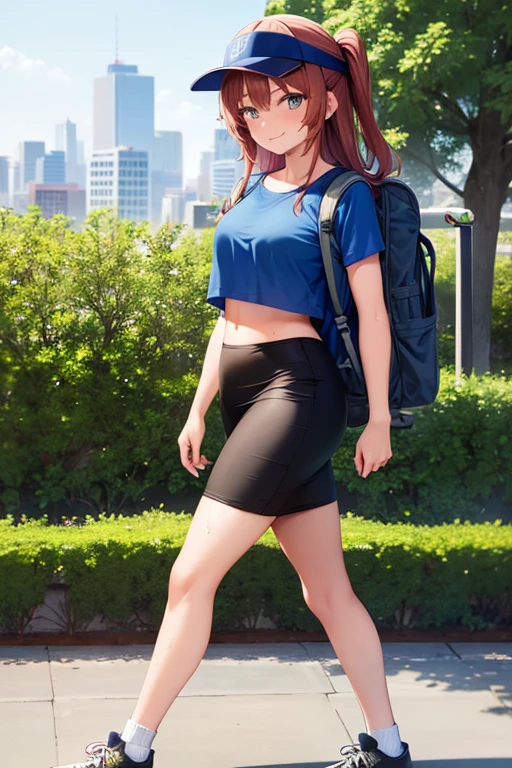 1girl, woman walking, wearing blue t-shirt, crop top, tight black midi pencil skirt, sneakers, socks, outdoors, garden, summer, sweat, long brown hair, looking at viewer, full body, smile, blush, wearing visor and backpack