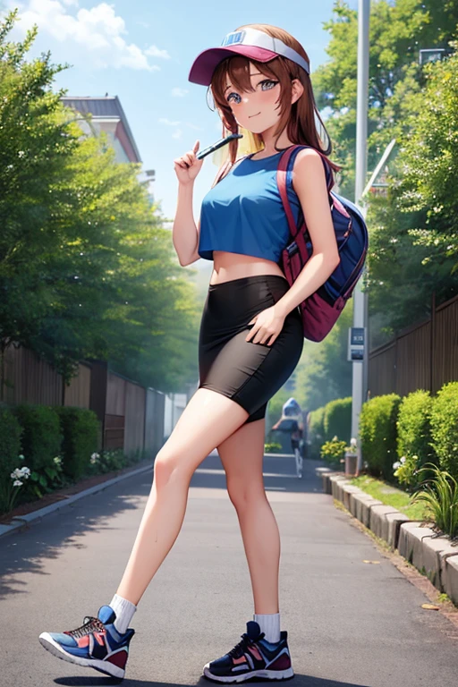 1girl, woman walking, wearing blue t-shirt, crop top, tight black midi pencil skirt, sneakers, socks, outdoors, garden, summer, sweat, long brown hair, looking at viewer, full body, smile, blush, wearing visor and backpack