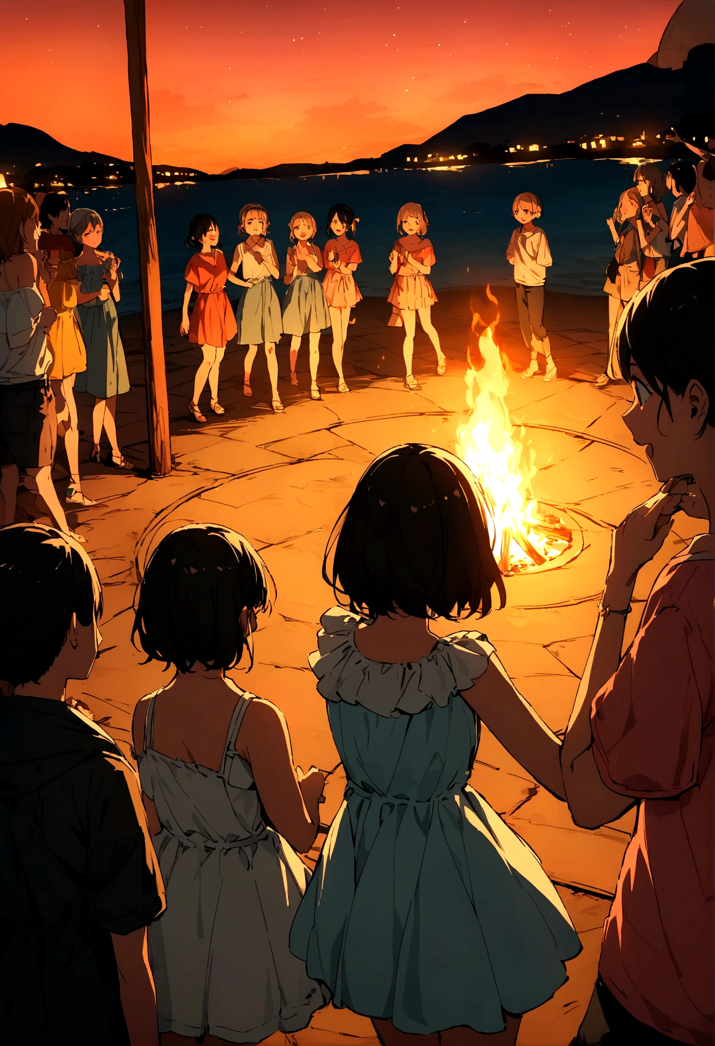 Nudist girl running alongside、A lot of close elementary school boys hugging each other、surround each other's face、(((Laughter and joy)))、in group photograph、Group Selfies、In the tent at night、From above